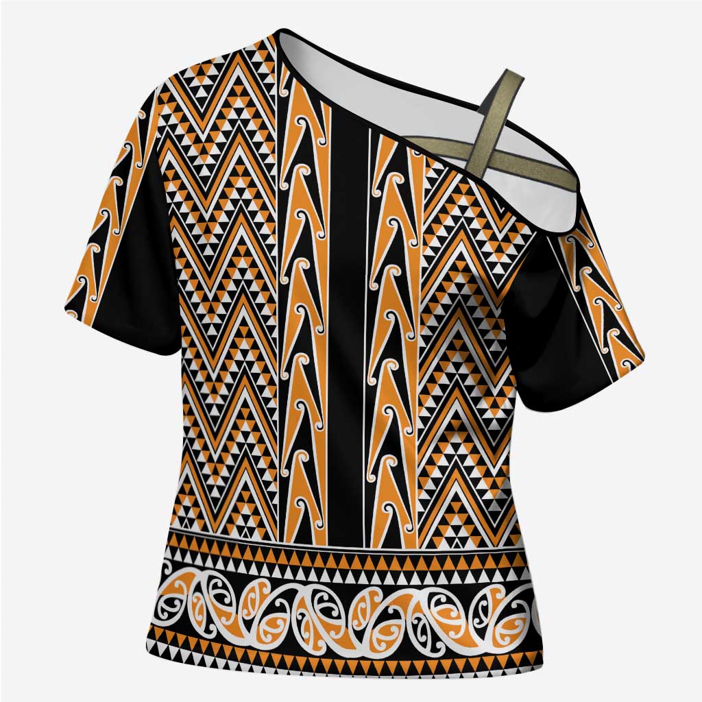 New Zealand Maori Niho Taniwha Cross Shoulder Shirt Karaka Mangopare and Puhoro Pattern - Polynesian Pride