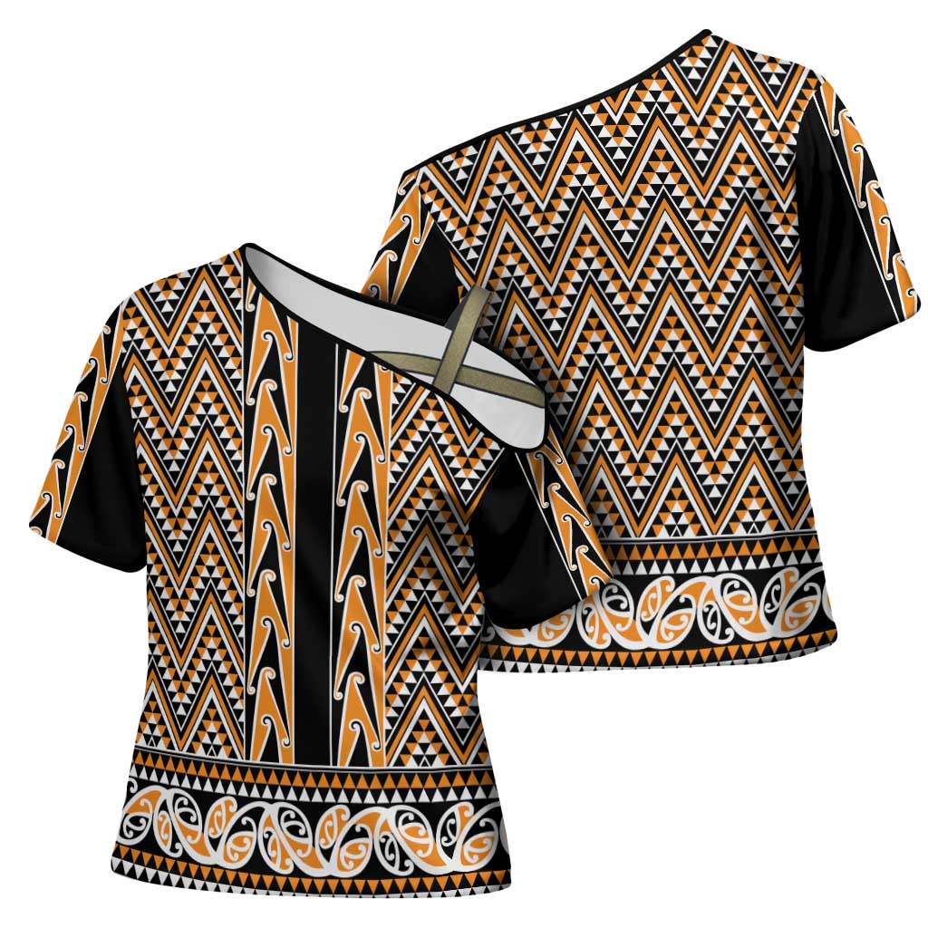 New Zealand Maori Niho Taniwha Cross Shoulder Shirt Karaka Mangopare and Puhoro Pattern - Polynesian Pride