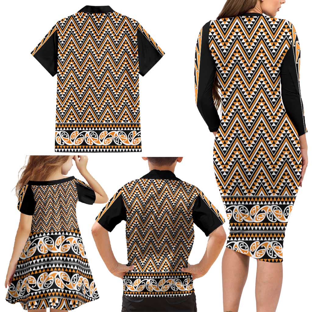 New Zealand Maori Niho Taniwha Family Matching Long Sleeve Bodycon Dress and Hawaiian Shirt Karaka Mangopare and Puhoro Pattern LT9 - Polynesian Pride