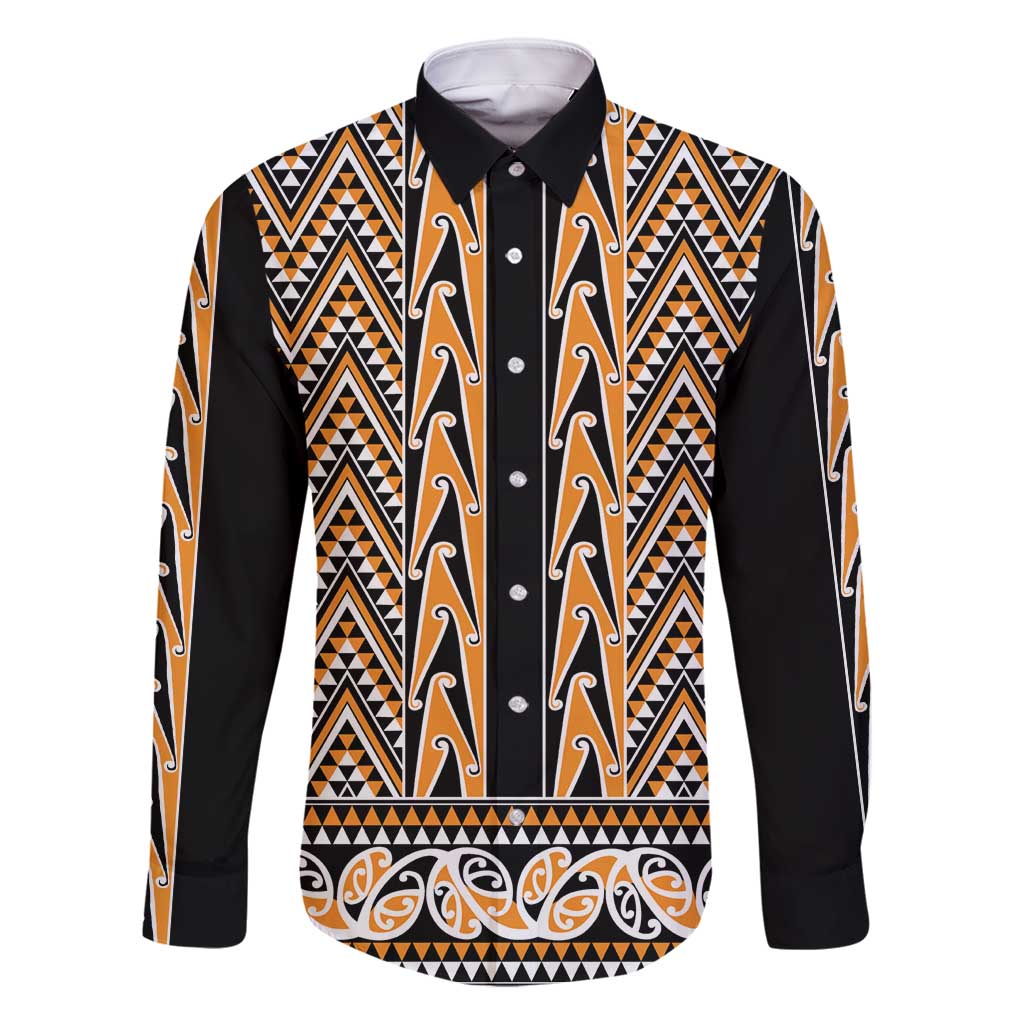 New Zealand Maori Niho Taniwha Family Matching Long Sleeve Bodycon Dress and Hawaiian Shirt Karaka Mangopare and Puhoro Pattern LT9 Dad's Shirt - Long Sleeve Gold - Polynesian Pride