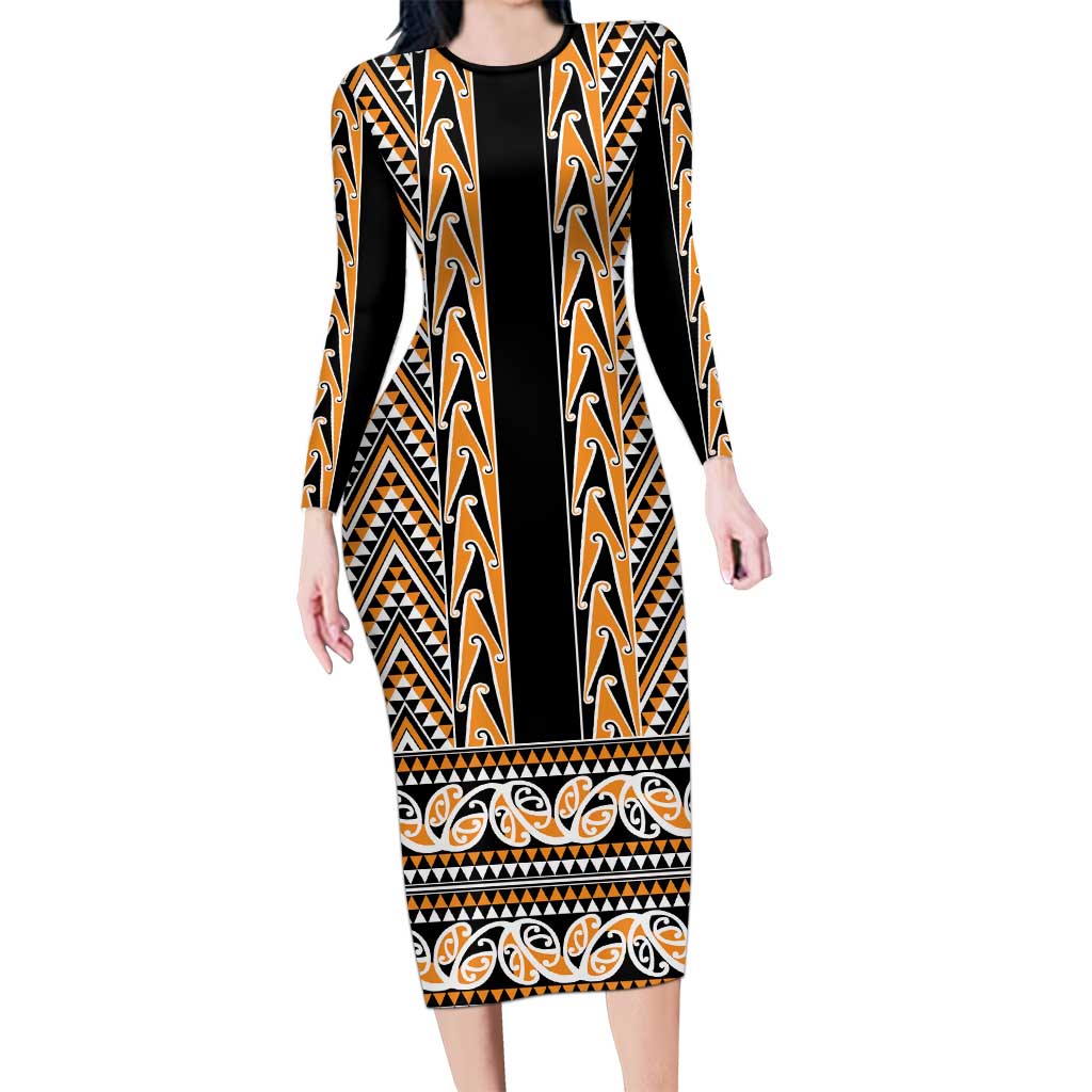 New Zealand Maori Niho Taniwha Family Matching Long Sleeve Bodycon Dress and Hawaiian Shirt Karaka Mangopare and Puhoro Pattern LT9 Mom's Dress Gold - Polynesian Pride