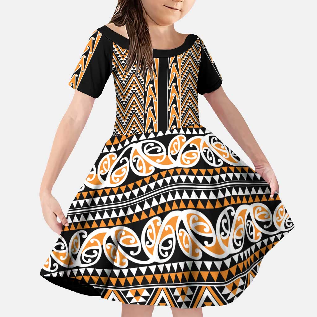 New Zealand Maori Niho Taniwha Family Matching Mermaid Dress and Hawaiian Shirt Karaka Mangopare and Puhoro Pattern LT9 Daughter's Dress Gold - Polynesian Pride