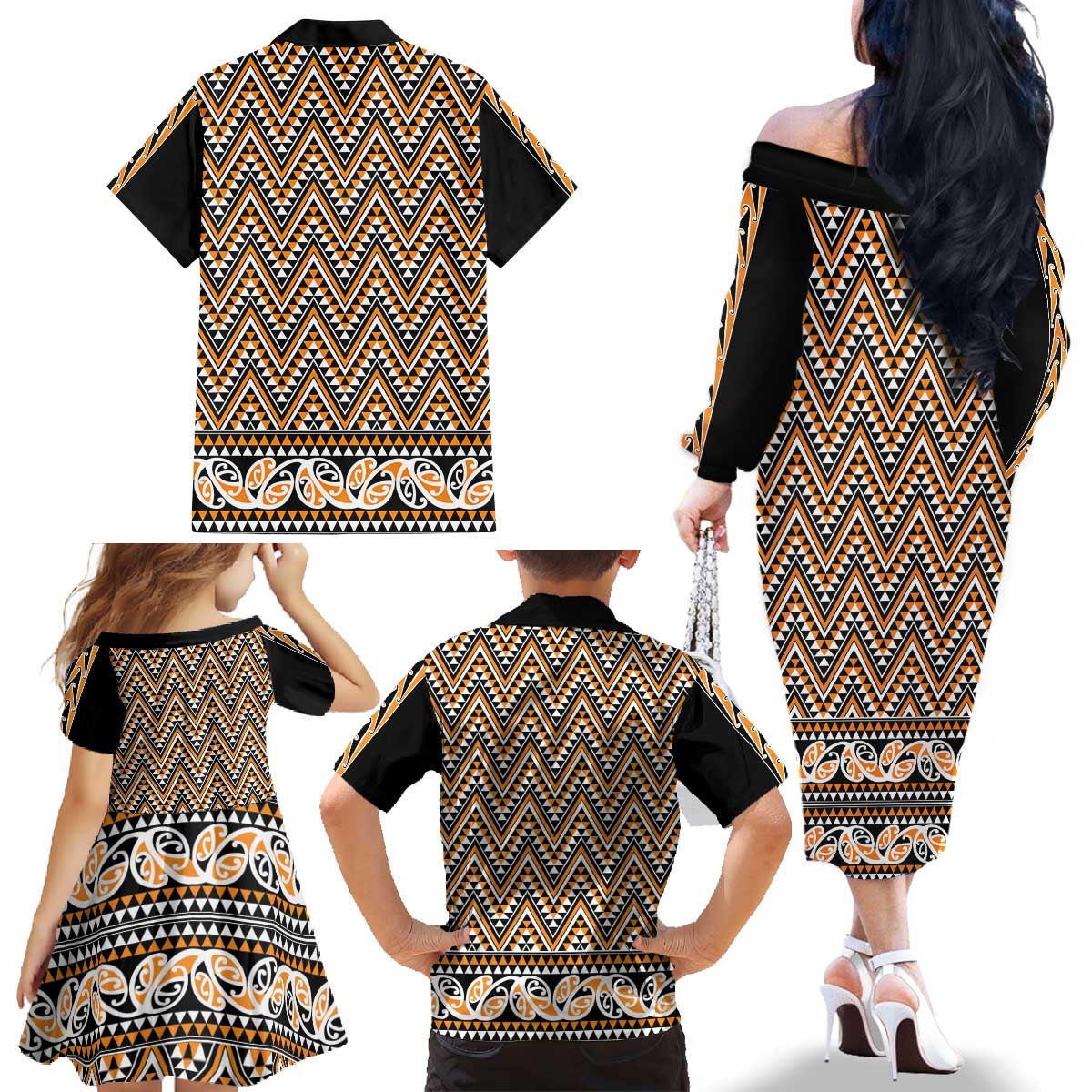 New Zealand Maori Niho Taniwha Family Matching Off The Shoulder Long Sleeve Dress and Hawaiian Shirt Karaka Mangopare and Puhoro Pattern