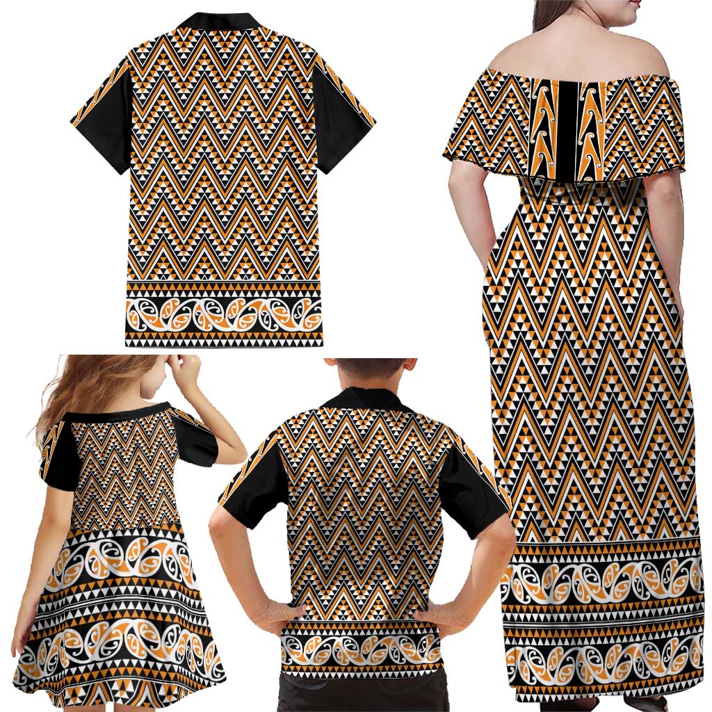 New Zealand Maori Niho Taniwha Family Matching Off Shoulder Maxi Dress and Hawaiian Shirt Karaka Mangopare and Puhoro Pattern LT9 - Polynesian Pride