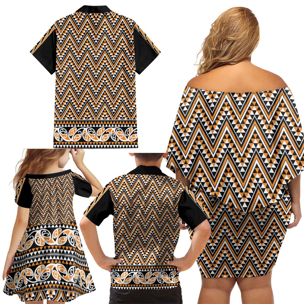 New Zealand Maori Niho Taniwha Family Matching Off Shoulder Short Dress and Hawaiian Shirt Karaka Mangopare and Puhoro Pattern LT9 - Polynesian Pride