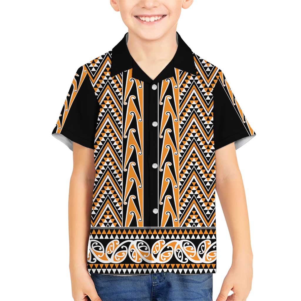 New Zealand Maori Niho Taniwha Family Matching Off Shoulder Short Dress and Hawaiian Shirt Karaka Mangopare and Puhoro Pattern LT9 Son's Shirt Gold - Polynesian Pride