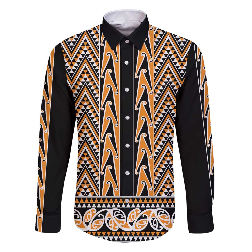 New Zealand Maori Niho Taniwha Family Matching Puletasi and Hawaiian Shirt Karaka Mangopare and Puhoro Pattern LT9 Dad's Shirt - Long Sleeve Gold - Polynesian Pride