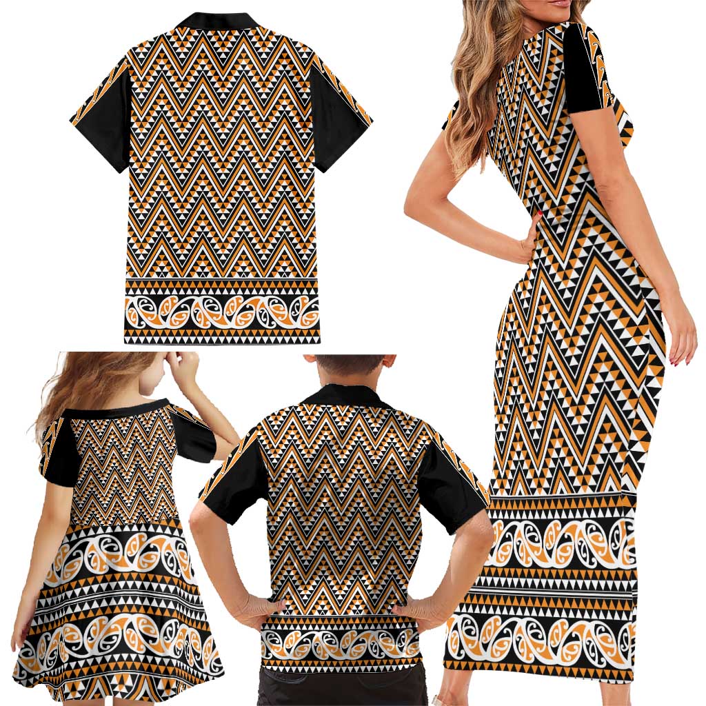 New Zealand Maori Niho Taniwha Family Matching Short Sleeve Bodycon Dress and Hawaiian Shirt Karaka Mangopare and Puhoro Pattern LT9 - Polynesian Pride