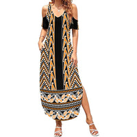 New Zealand Maori Niho Taniwha Family Matching Summer Maxi Dress and Hawaiian Shirt Karaka Mangopare and Puhoro Pattern LT9 Mom's Dress Gold - Polynesian Pride