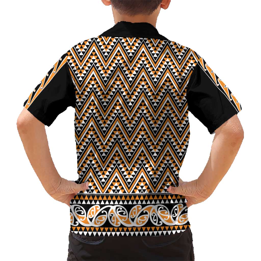 New Zealand Maori Niho Taniwha Kid Hawaiian Shirt Karaka Mangopare and Puhoro Pattern