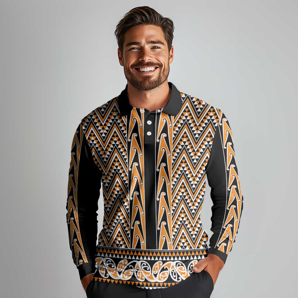 New Zealand Maori Niho Taniwha Long Sleeve Polo Shirt Karaka Mangopare and Puhoro Pattern