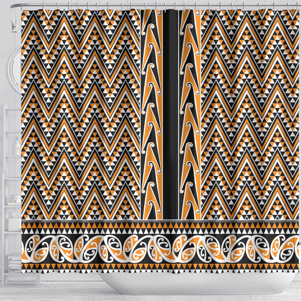 New Zealand Maori Niho Taniwha Shower Curtain Karaka Mangopare and Puhoro Pattern