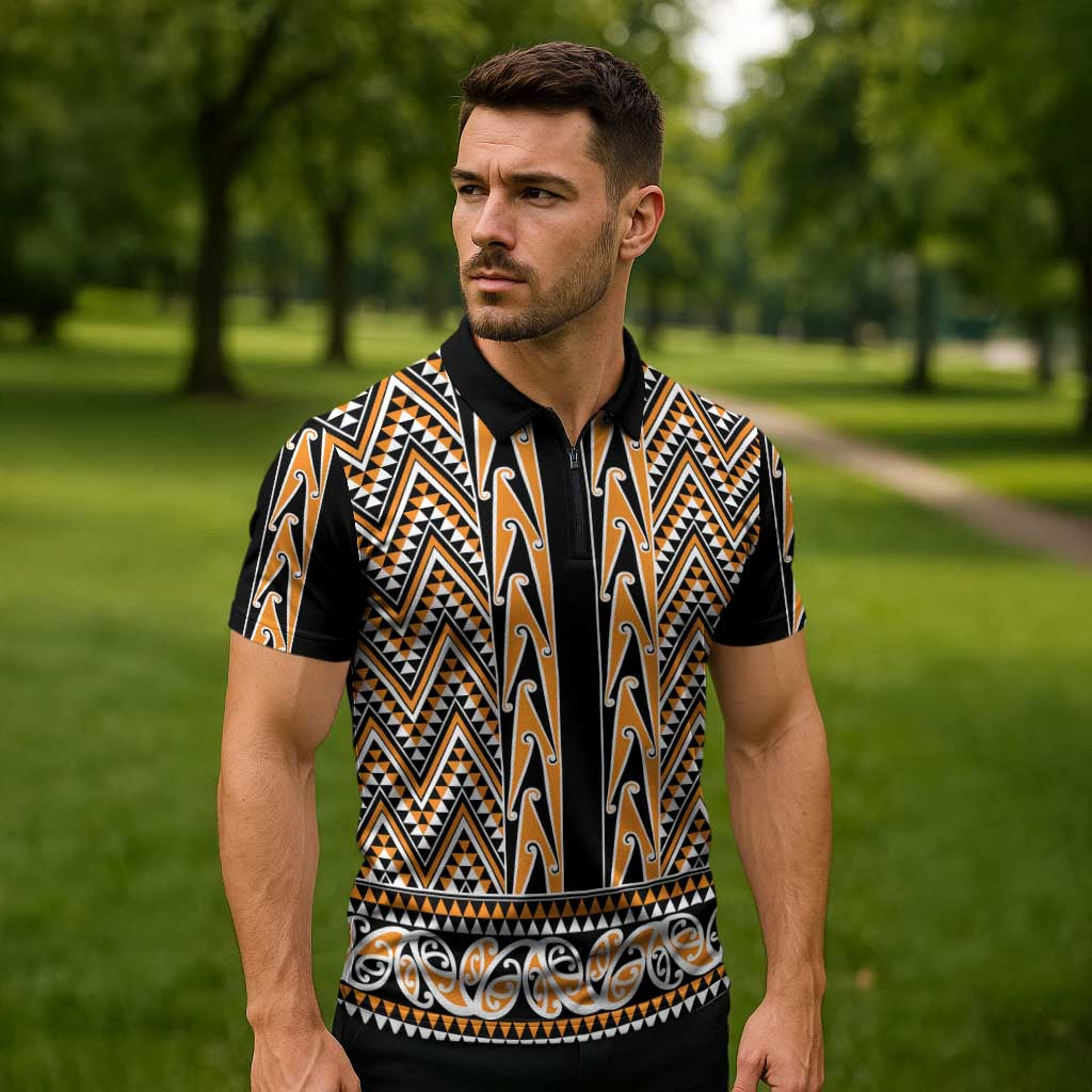 New Zealand Maori Niho Taniwha Zipper Polo Shirt Karaka Mangopare and Puhoro Pattern - Polynesian Pride