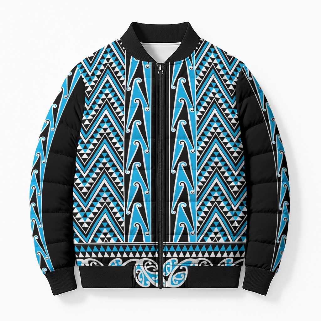 New Zealand Maori Niho Taniwha Bomber Puffer Jacket Kikorangi Mangopare and Puhoro Pattern - Polynesian Pride