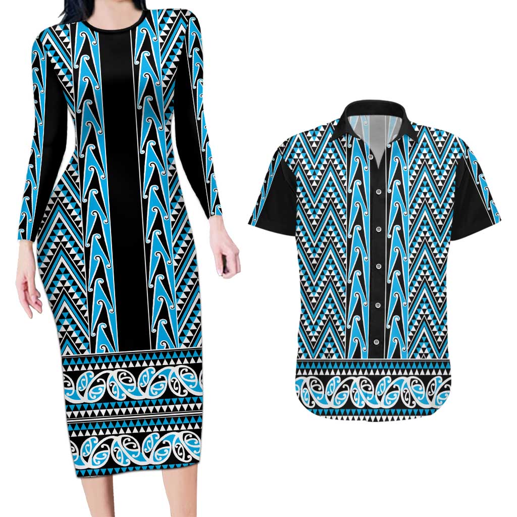 New Zealand Maori Niho Taniwha Couples Matching Long Sleeve Bodycon Dress and Hawaiian Shirt Kikorangi Mangopare and Puhoro Pattern LT9 Blue - Polynesian Pride