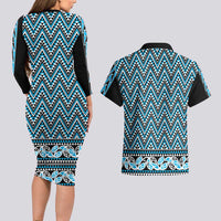 New Zealand Maori Niho Taniwha Couples Matching Long Sleeve Bodycon Dress and Hawaiian Shirt Kikorangi Mangopare and Puhoro Pattern LT9 - Polynesian Pride