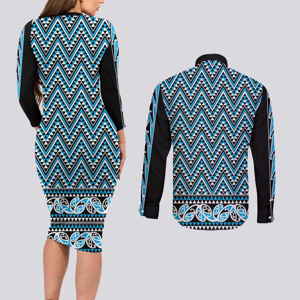 New Zealand Maori Niho Taniwha Couples Matching Long Sleeve Bodycon Dress and Long Sleeve Button Shirt Kikorangi Mangopare and Puhoro Pattern LT9 - Polynesian Pride