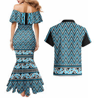 New Zealand Maori Niho Taniwha Couples Matching Mermaid Dress and Hawaiian Shirt Kikorangi Mangopare and Puhoro Pattern LT9 - Polynesian Pride