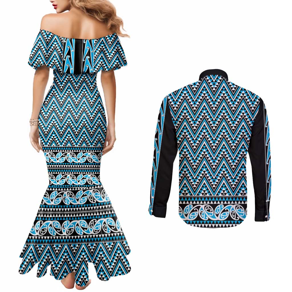 New Zealand Maori Niho Taniwha Couples Matching Mermaid Dress and Long Sleeve Button Shirt Kikorangi Mangopare and Puhoro Pattern LT9 - Polynesian Pride