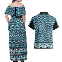 New Zealand Maori Niho Taniwha Couples Matching Off Shoulder Maxi Dress and Hawaiian Shirt Kikorangi Mangopare and Puhoro Pattern LT9 - Polynesian Pride