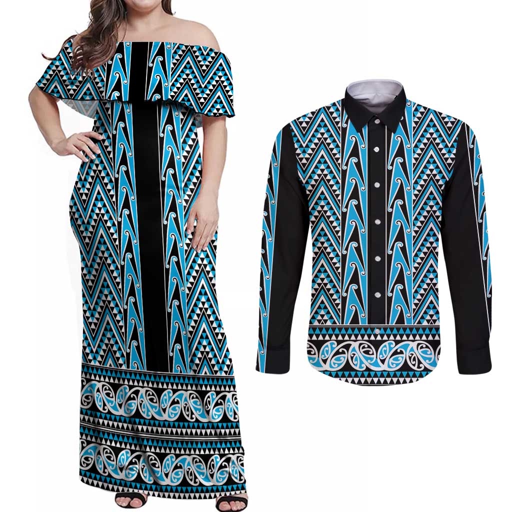 New Zealand Maori Niho Taniwha Couples Matching Off Shoulder Maxi Dress and Long Sleeve Button Shirt Kikorangi Mangopare and Puhoro Pattern LT9 Blue - Polynesian Pride