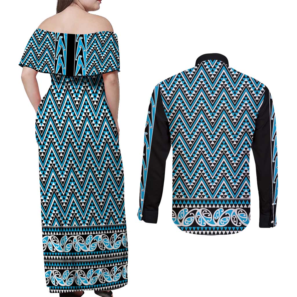 New Zealand Maori Niho Taniwha Couples Matching Off Shoulder Maxi Dress and Long Sleeve Button Shirt Kikorangi Mangopare and Puhoro Pattern LT9 - Polynesian Pride
