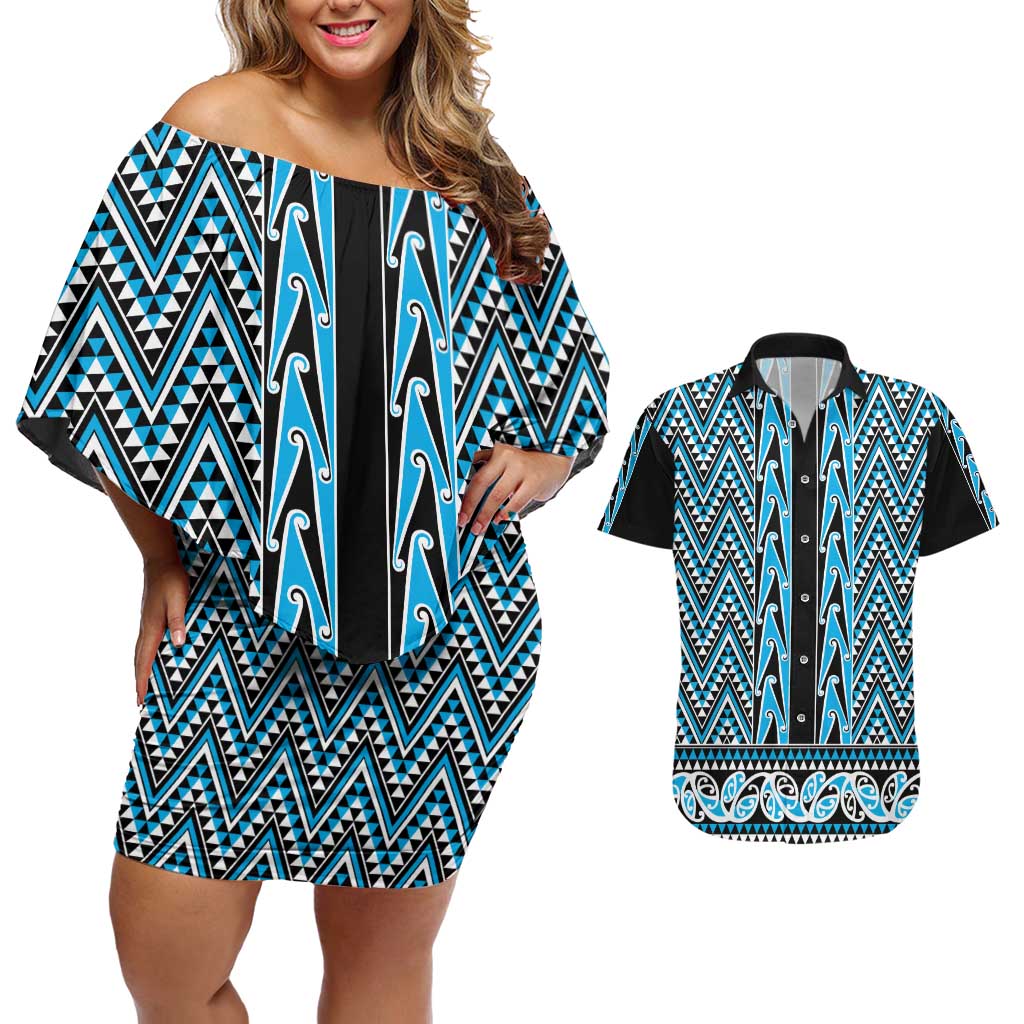 New Zealand Maori Niho Taniwha Couples Matching Off Shoulder Short Dress and Hawaiian Shirt Kikorangi Mangopare and Puhoro Pattern