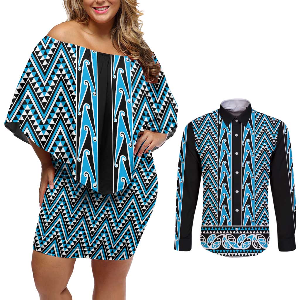 New Zealand Maori Niho Taniwha Couples Matching Off Shoulder Short Dress and Long Sleeve Button Shirt Kikorangi Mangopare and Puhoro Pattern