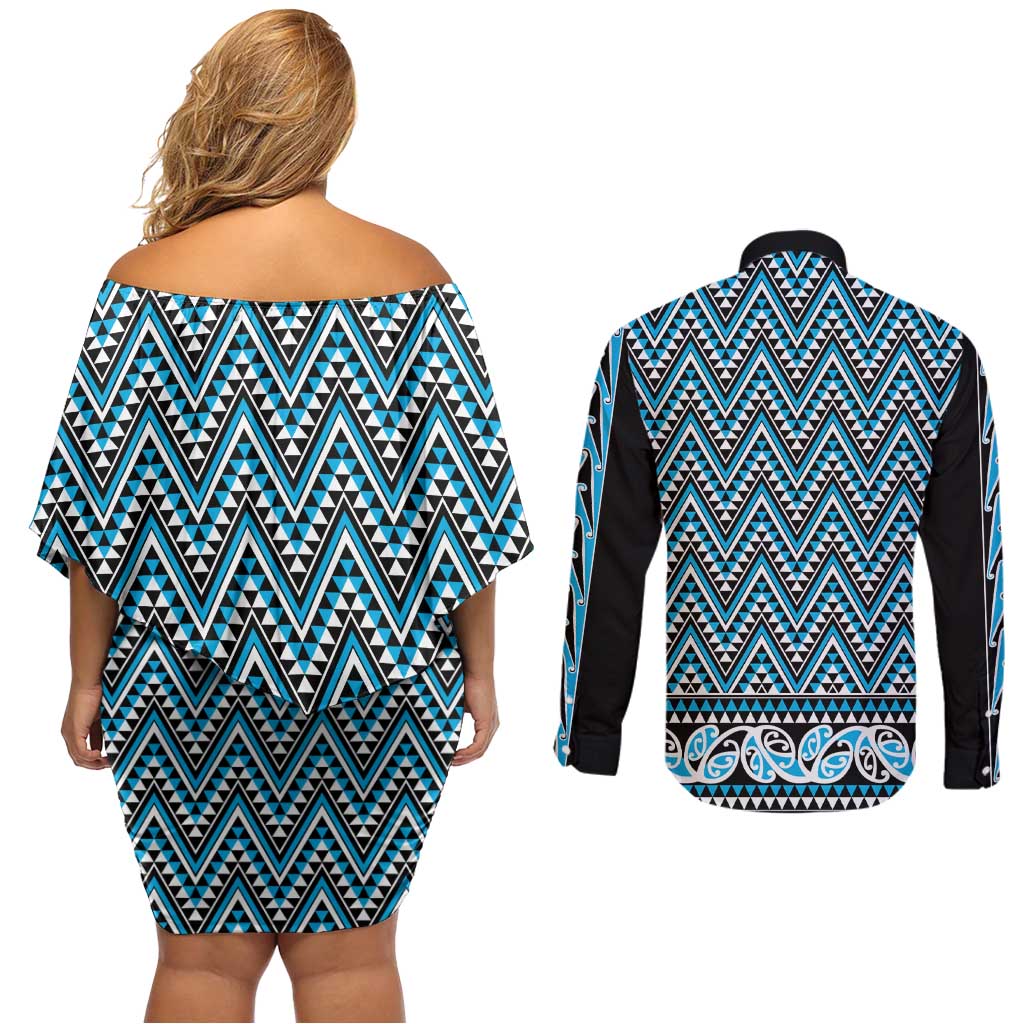New Zealand Maori Niho Taniwha Couples Matching Off Shoulder Short Dress and Long Sleeve Button Shirt Kikorangi Mangopare and Puhoro Pattern LT9 - Polynesian Pride