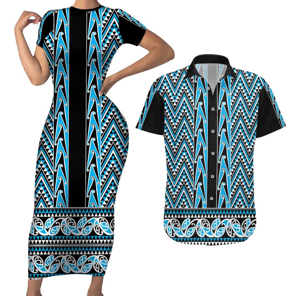 New Zealand Maori Niho Taniwha Couples Matching Short Sleeve Bodycon Dress and Hawaiian Shirt Kikorangi Mangopare and Puhoro Pattern