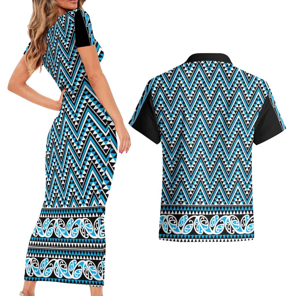 New Zealand Maori Niho Taniwha Couples Matching Short Sleeve Bodycon Dress and Hawaiian Shirt Kikorangi Mangopare and Puhoro Pattern LT9 - Polynesian Pride