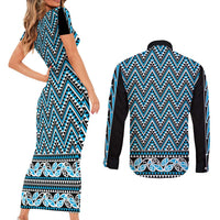 New Zealand Maori Niho Taniwha Couples Matching Short Sleeve Bodycon Dress and Long Sleeve Button Shirt Kikorangi Mangopare and Puhoro Pattern LT9 - Polynesian Pride