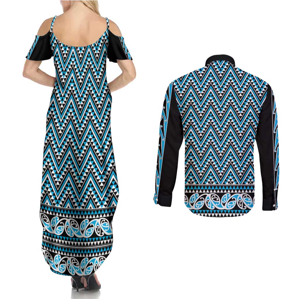 New Zealand Maori Niho Taniwha Couples Matching Summer Maxi Dress and Long Sleeve Button Shirt Kikorangi Mangopare and Puhoro Pattern LT9 - Polynesian Pride