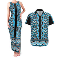 New Zealand Maori Niho Taniwha Couples Matching Tank Maxi Dress and Hawaiian Shirt Kikorangi Mangopare and Puhoro Pattern LT9 Blue - Polynesian Pride