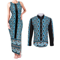 New Zealand Maori Niho Taniwha Couples Matching Tank Maxi Dress and Long Sleeve Button Shirt Kikorangi Mangopare and Puhoro Pattern LT9 Blue - Polynesian Pride