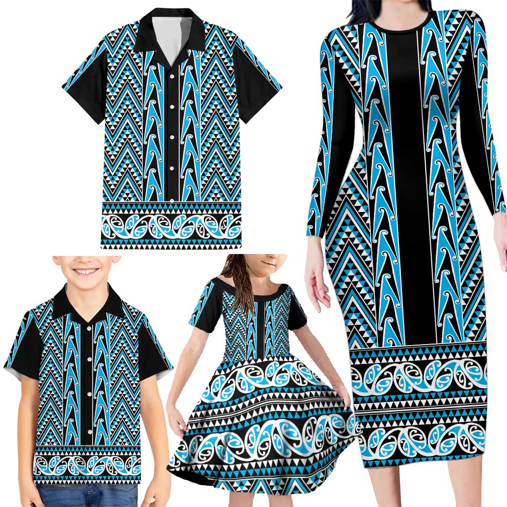 New Zealand Maori Niho Taniwha Family Matching Long Sleeve Bodycon Dress and Hawaiian Shirt Kikorangi Mangopare and Puhoro Pattern