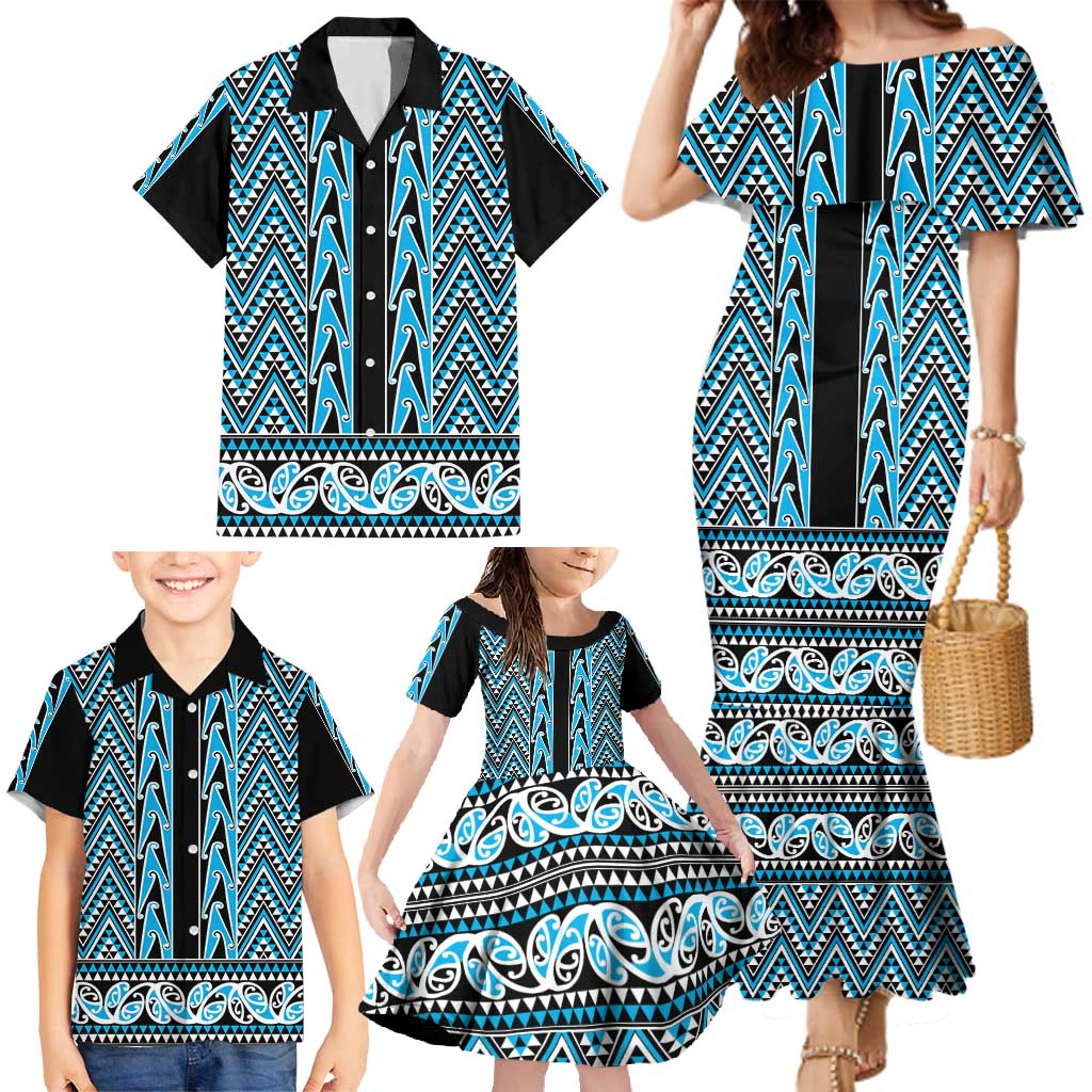 New Zealand Maori Niho Taniwha Family Matching Mermaid Dress and Hawaiian Shirt Kikorangi Mangopare and Puhoro Pattern