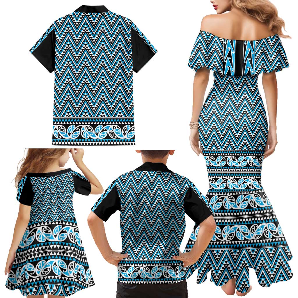 New Zealand Maori Niho Taniwha Family Matching Mermaid Dress and Hawaiian Shirt Kikorangi Mangopare and Puhoro Pattern