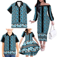 New Zealand Maori Niho Taniwha Family Matching Off The Shoulder Long Sleeve Dress and Hawaiian Shirt Kikorangi Mangopare and Puhoro Pattern