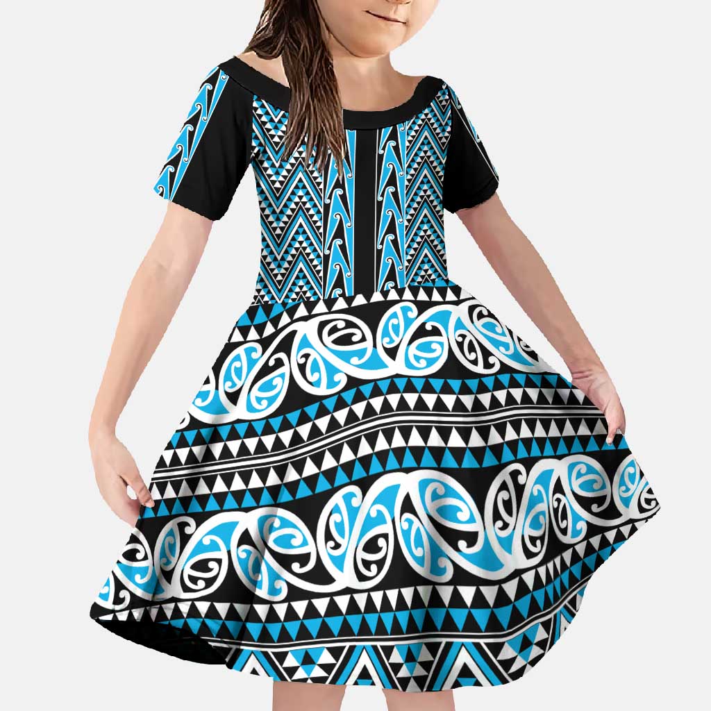 New Zealand Maori Niho Taniwha Family Matching Off Shoulder Maxi Dress and Hawaiian Shirt Kikorangi Mangopare and Puhoro Pattern LT9 Daughter's Dress Blue - Polynesian Pride