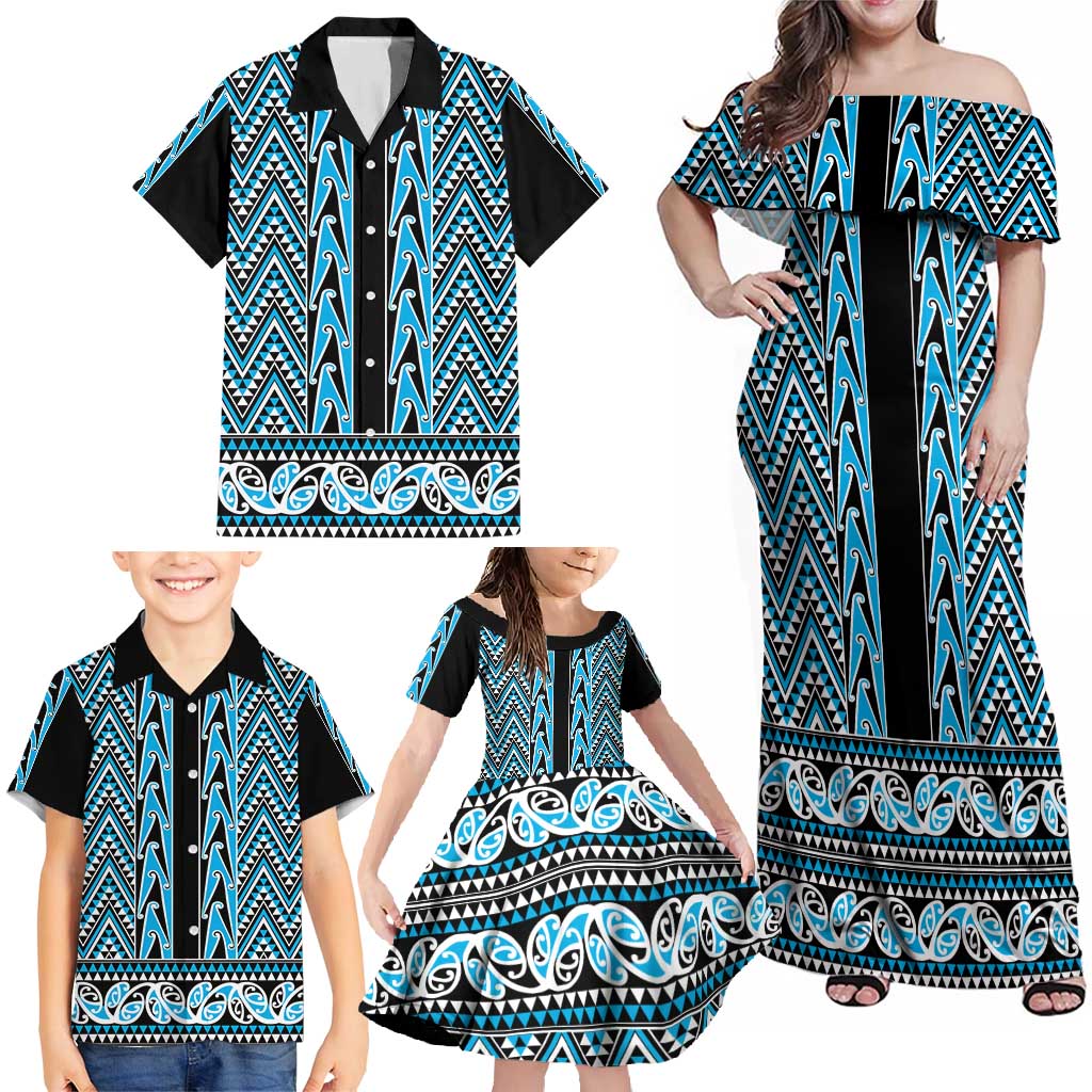 New Zealand Maori Niho Taniwha Family Matching Off Shoulder Maxi Dress and Hawaiian Shirt Kikorangi Mangopare and Puhoro Pattern LT9 - Polynesian Pride