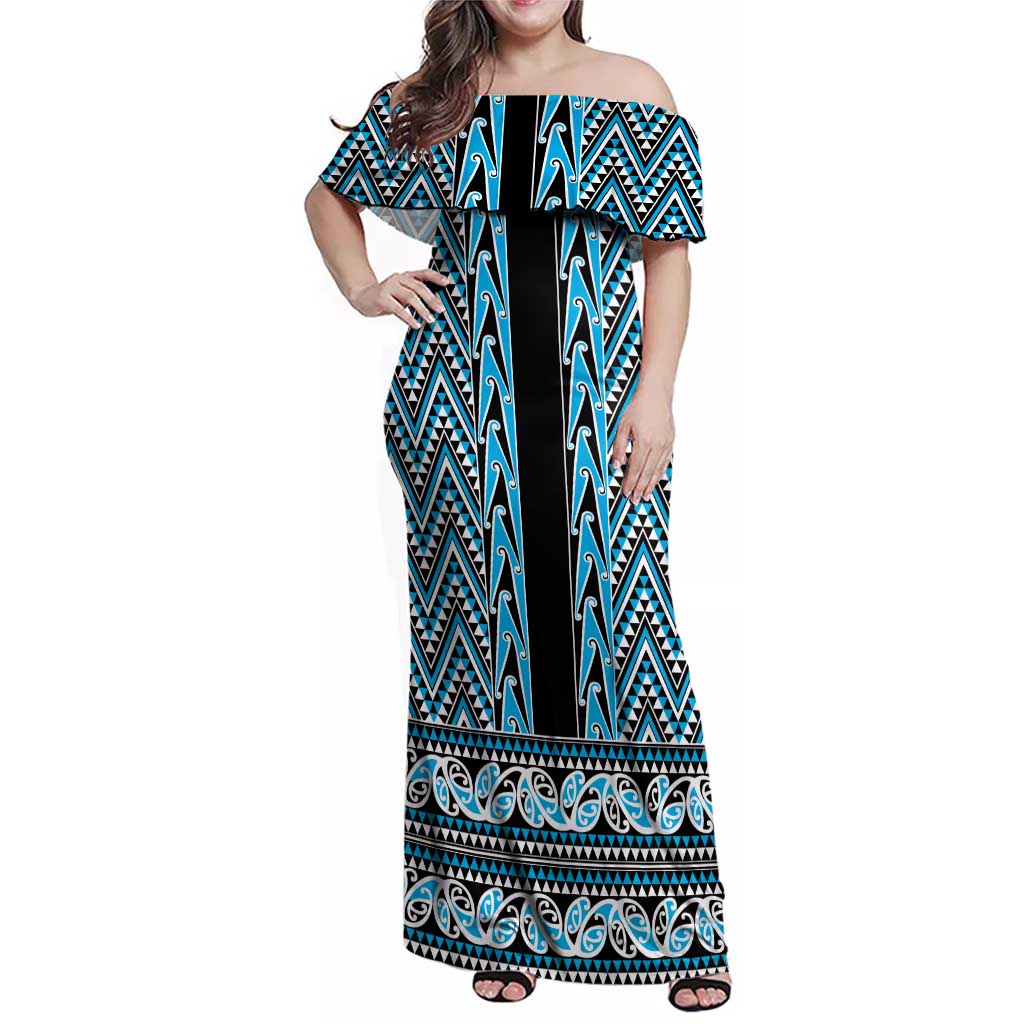 New Zealand Maori Niho Taniwha Family Matching Off Shoulder Maxi Dress and Hawaiian Shirt Kikorangi Mangopare and Puhoro Pattern LT9 Mom's Dress Blue - Polynesian Pride