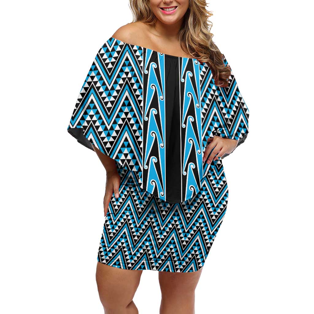 New Zealand Maori Niho Taniwha Family Matching Off Shoulder Short Dress and Hawaiian Shirt Kikorangi Mangopare and Puhoro Pattern LT9 Mom's Dress Blue - Polynesian Pride