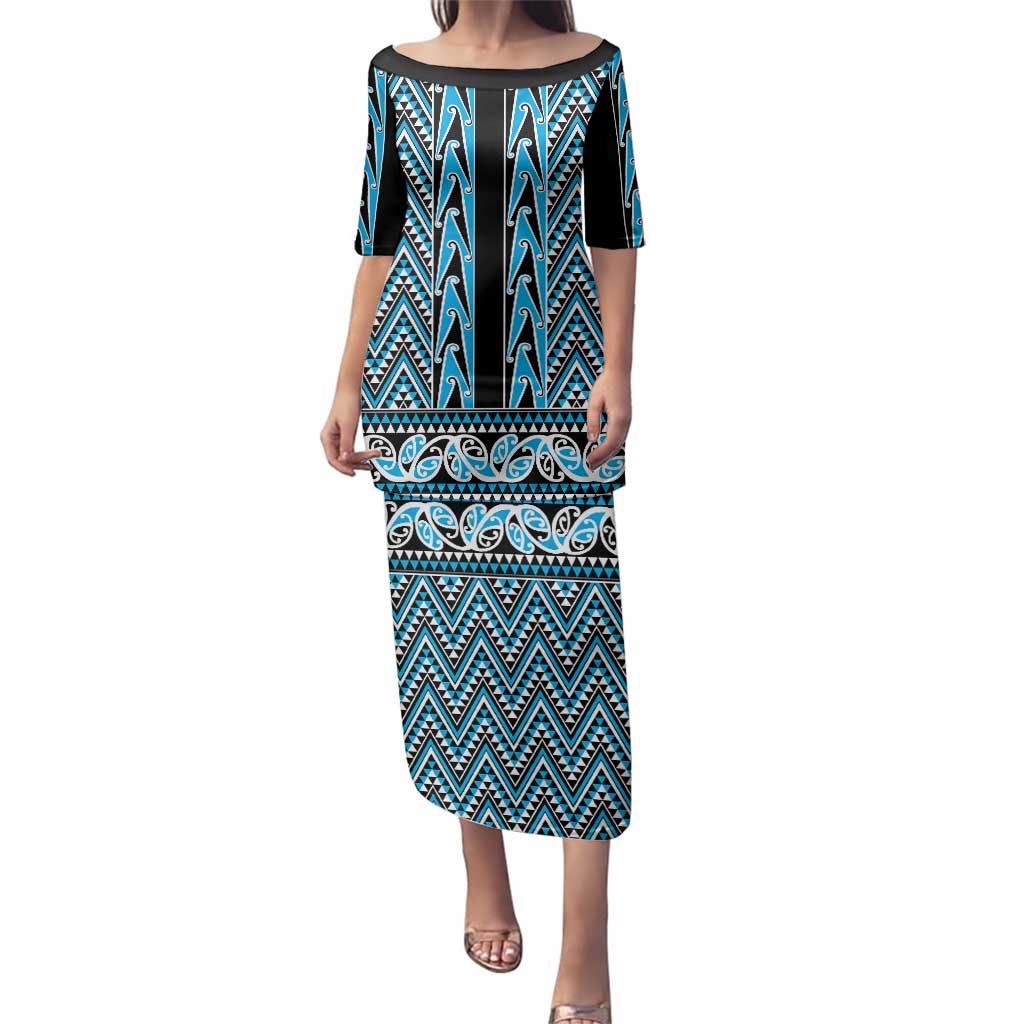 New Zealand Maori Niho Taniwha Family Matching Puletasi and Hawaiian Shirt Kikorangi Mangopare and Puhoro Pattern LT9 Mom's Dress Blue - Polynesian Pride