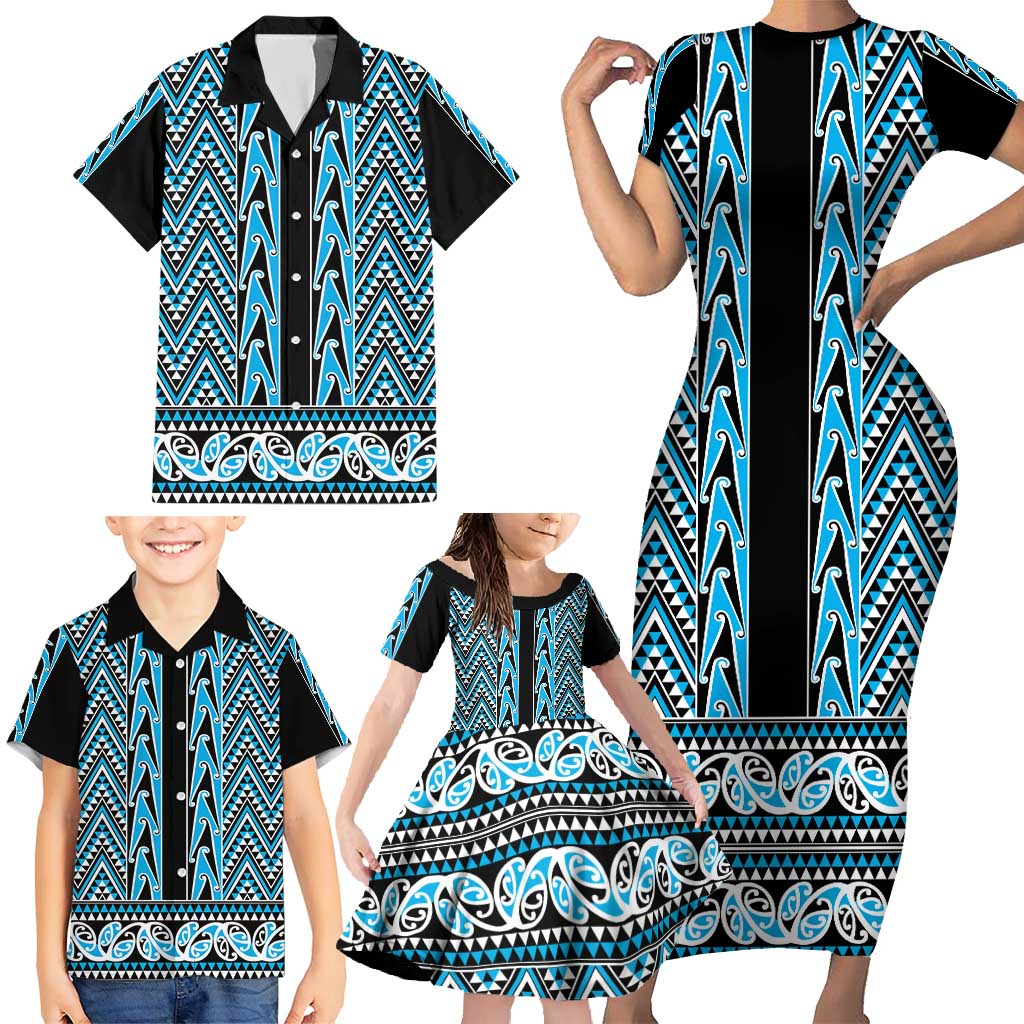 New Zealand Maori Niho Taniwha Family Matching Short Sleeve Bodycon Dress and Hawaiian Shirt Kikorangi Mangopare and Puhoro Pattern