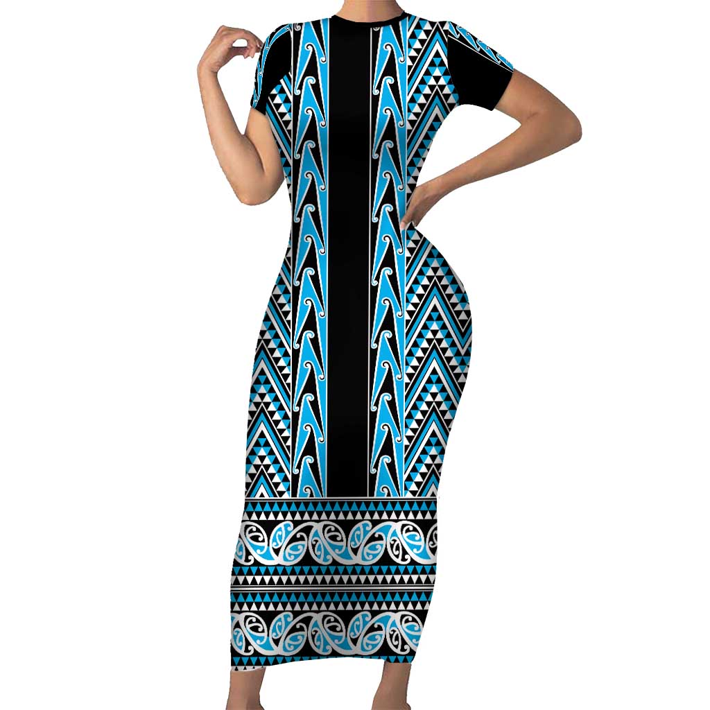 New Zealand Maori Niho Taniwha Family Matching Short Sleeve Bodycon Dress and Hawaiian Shirt Kikorangi Mangopare and Puhoro Pattern