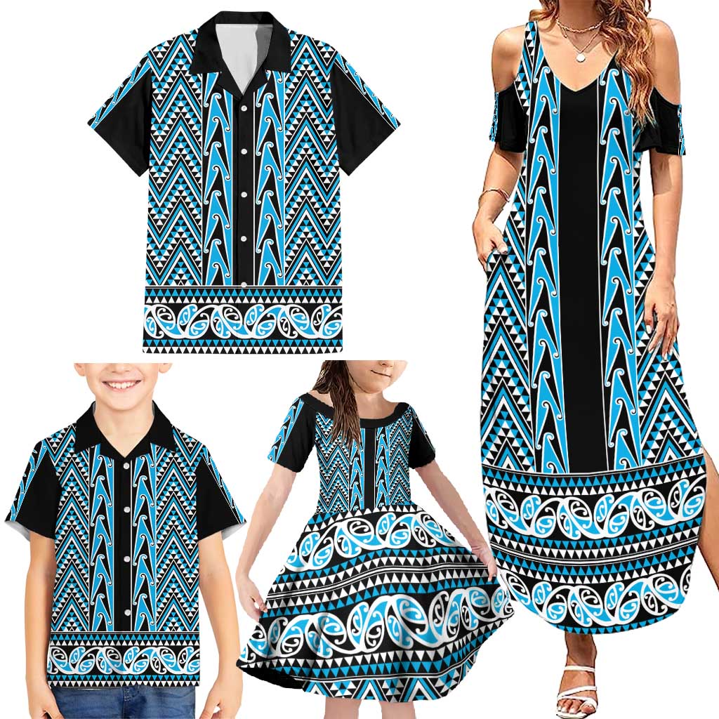 New Zealand Maori Niho Taniwha Family Matching Summer Maxi Dress and Hawaiian Shirt Kikorangi Mangopare and Puhoro Pattern LT9 - Polynesian Pride