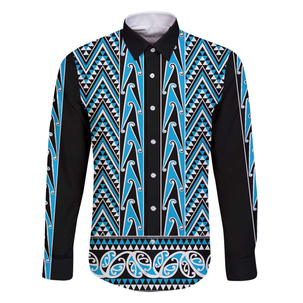 New Zealand Maori Niho Taniwha Family Matching Summer Maxi Dress and Hawaiian Shirt Kikorangi Mangopare and Puhoro Pattern LT9 Dad's Shirt - Long Sleeve Blue - Polynesian Pride
