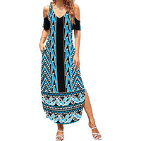 New Zealand Maori Niho Taniwha Family Matching Summer Maxi Dress and Hawaiian Shirt Kikorangi Mangopare and Puhoro Pattern LT9 Mom's Dress Blue - Polynesian Pride