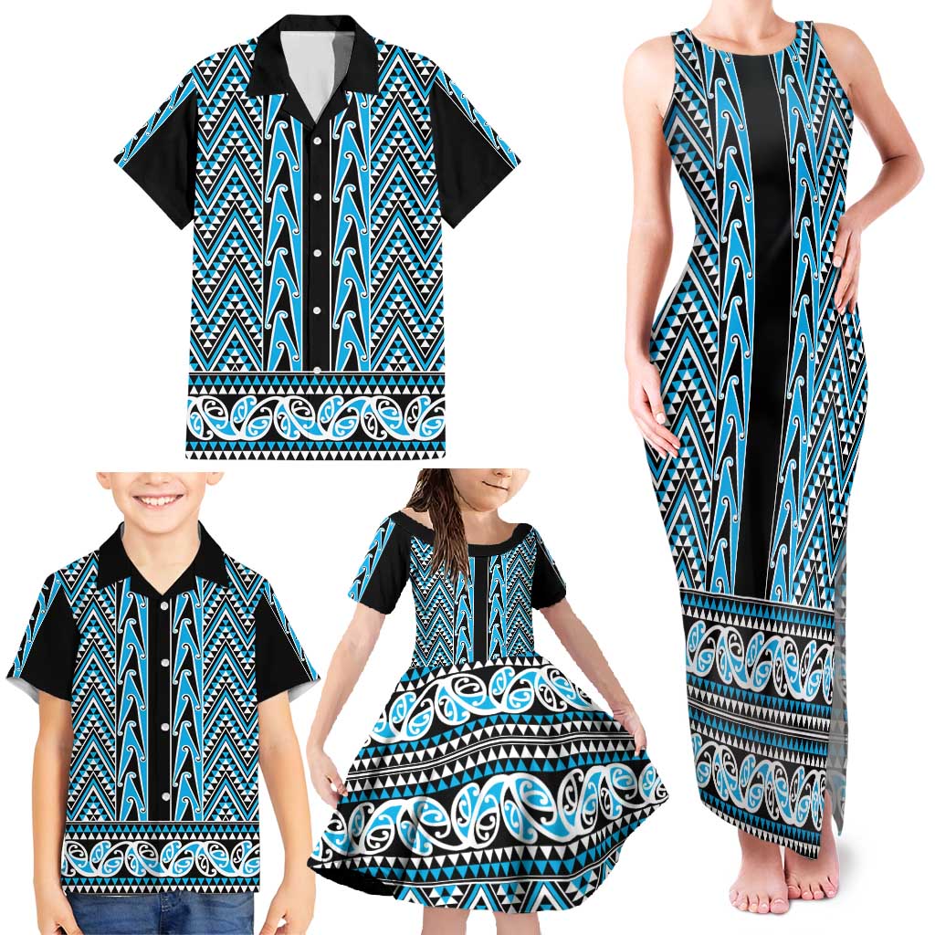 New Zealand Maori Niho Taniwha Family Matching Tank Maxi Dress and Hawaiian Shirt Kikorangi Mangopare and Puhoro Pattern